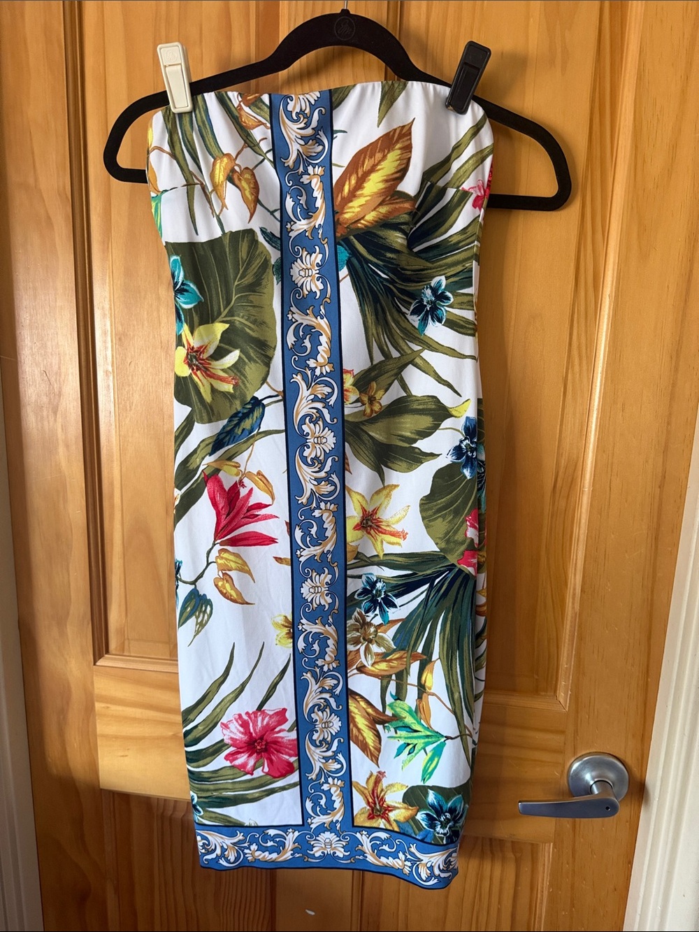 Cache Strapless Tropical Print Midi Dress in White, Green, Blue, Pink, Yellow